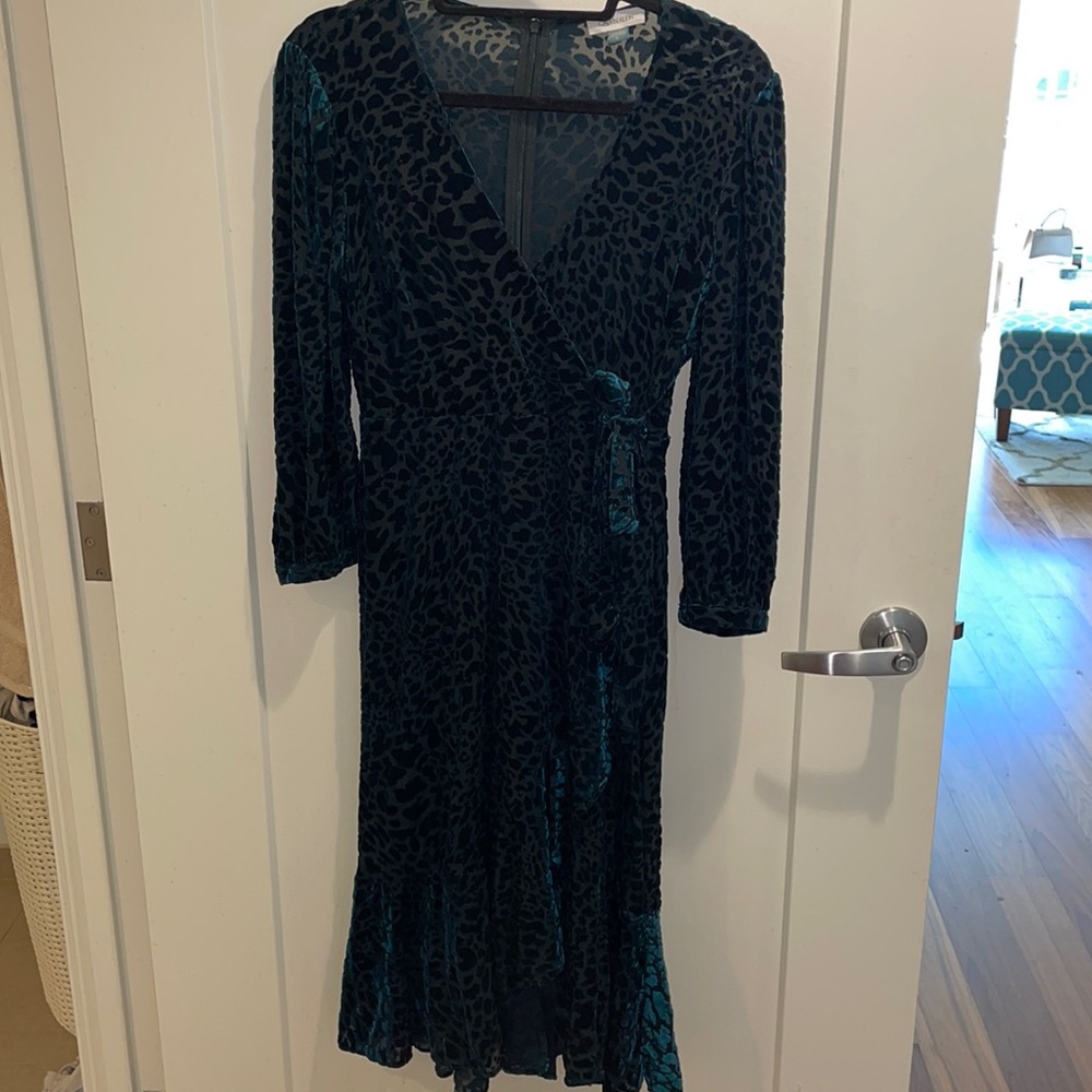Calvin Klein Teal Velvet Animal Print Faux Wrap Dress